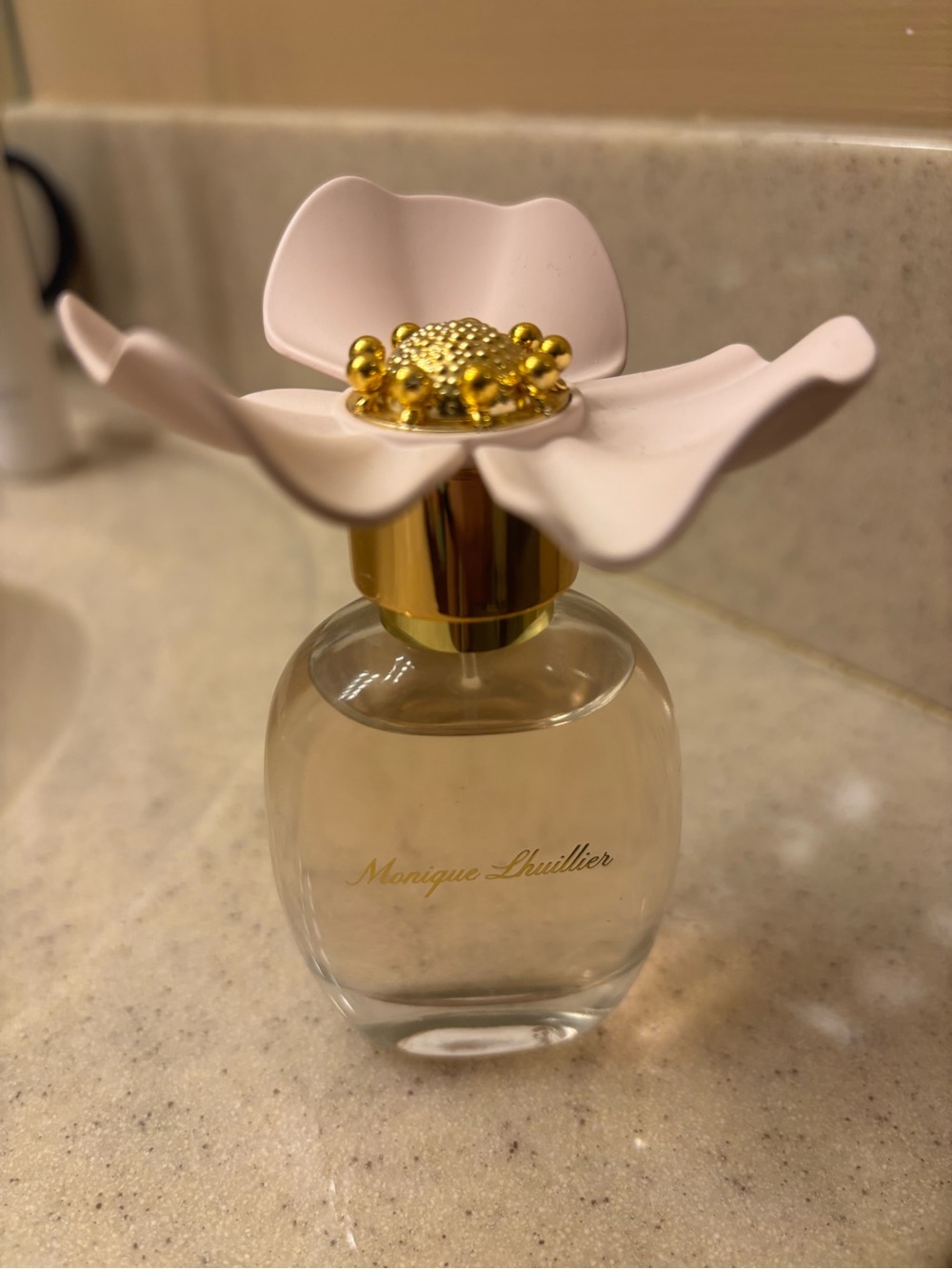 Monique Lhuillier Pink Flower-Top Perfume Bottle with Gold Accents